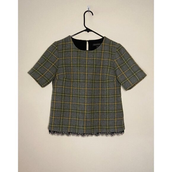 Banana Republic Gray Wool blend Tweed Plaid Lace Trim Top size XS - Picture 1 of 7